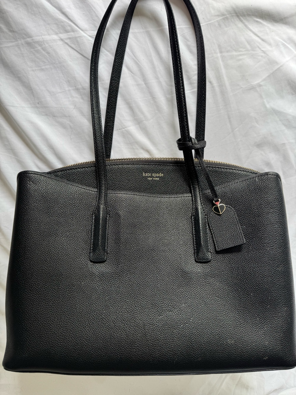 Kate Spade Black Pebbled Leather Work Tote with Heart Charm